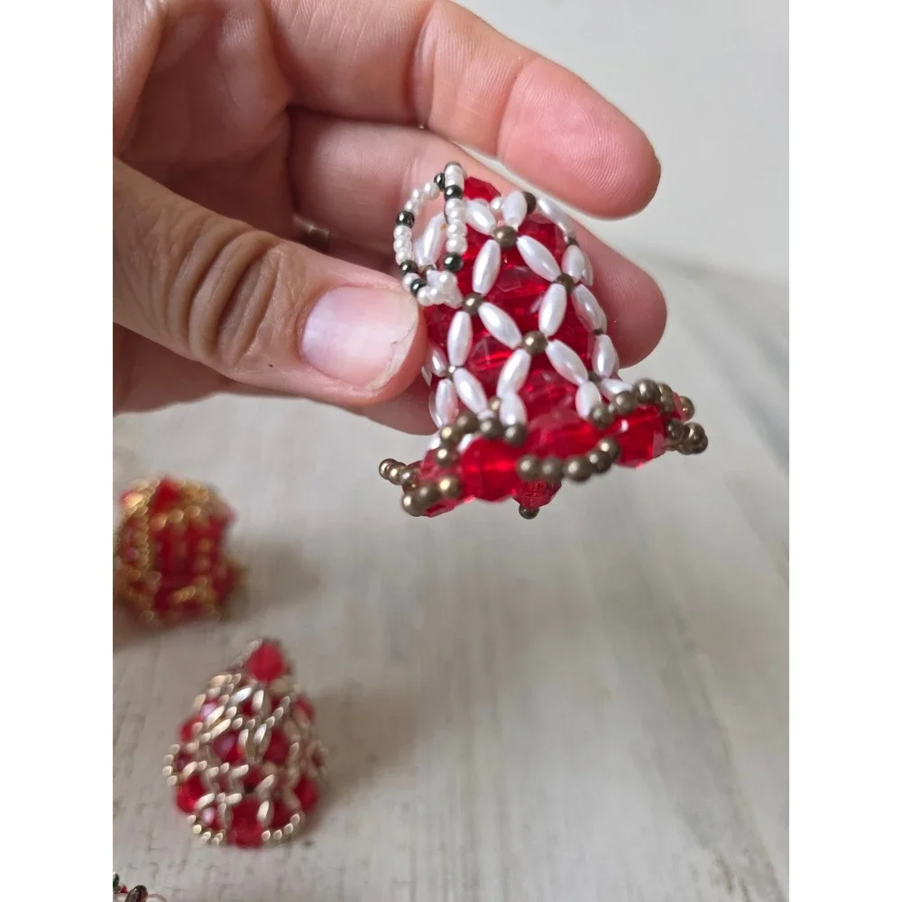 Vintage beaded Bell set ornament red Pearl Xmas gold tree
